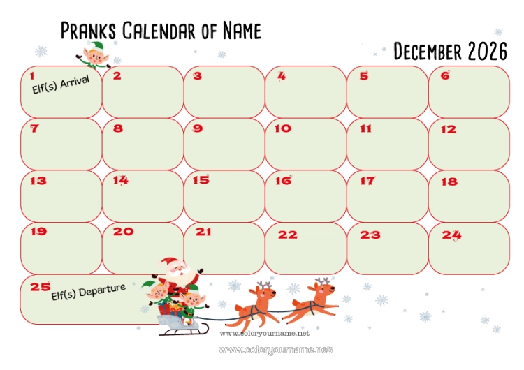 Colouring page to print Christmas Elves Calendars And Planners.