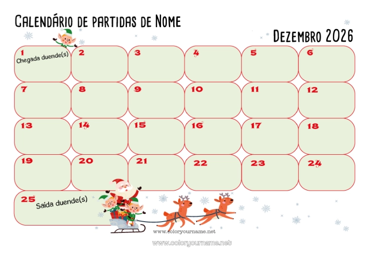 Página de desenho para imprimir Elfo de Natal Calendários e planejadores