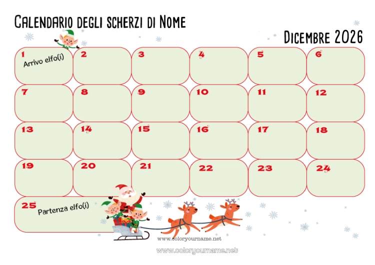 Pagina da colorare da stampare Elfo di Natale Calendari e pianificatori
