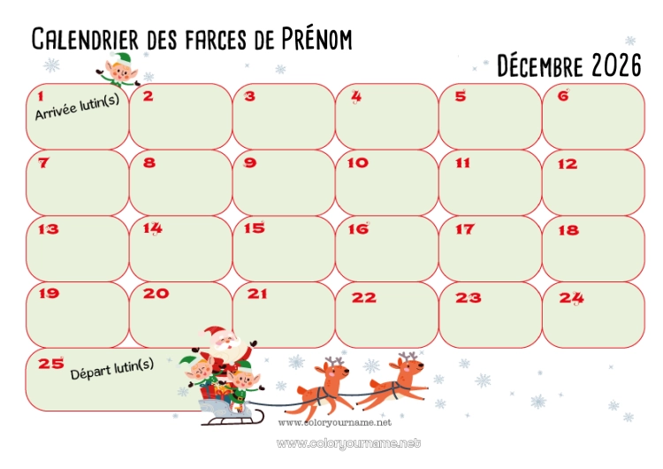 Coloriage à imprimer Lutins de Noël Calendriers et plannificateurs