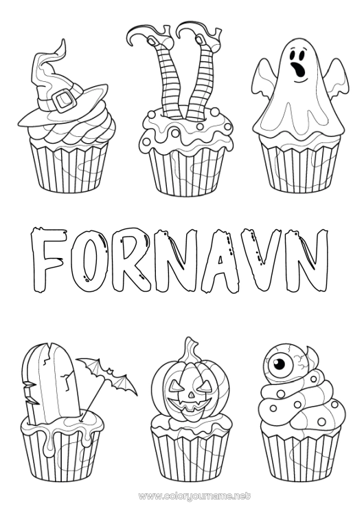 Farvelægningssiden til udskrivning Spøgelse Græskar Heks Halloween Muffin øje Heksedragt