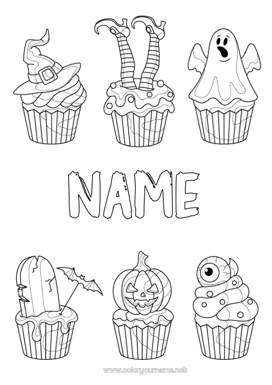 Coloring page to print Ghost Pumpkin Witch Halloween Cupcake Eye Wizard hat