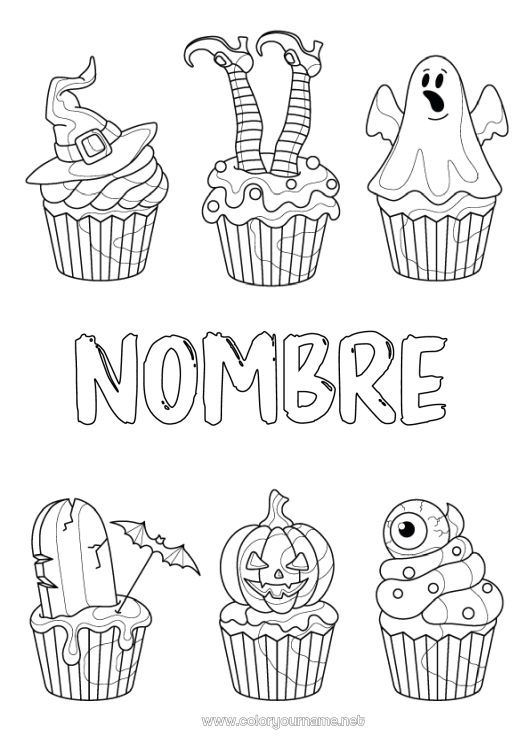 Dibujo para colorear para imprimir Fantasma Calabaza Bruja Halloween Magdalena Ojo Sombrero de mago