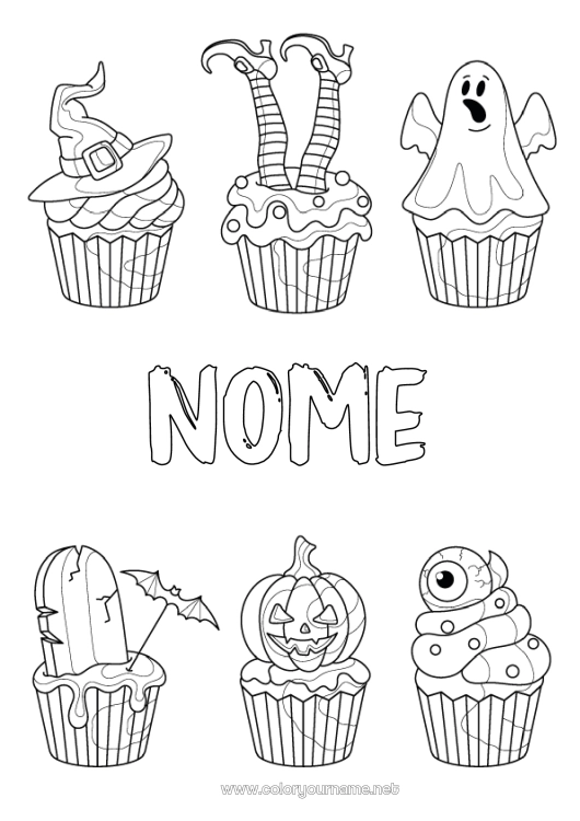 Página de desenho para imprimir Fantasma Abóbora Bruxa Halloween Cupcake Olho Chapéu de bruxo