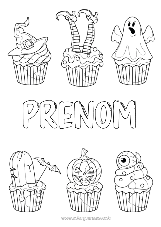 Coloriage à imprimer Fantôme Citrouille Sorcière Halloween Cupcake Oeil Chapeau de sorcier