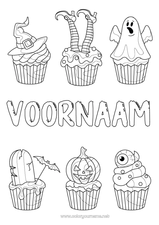Kleurplaat om af te drukken Spook Pompoen Heks Halloween Cupcake Oog Toverhoed