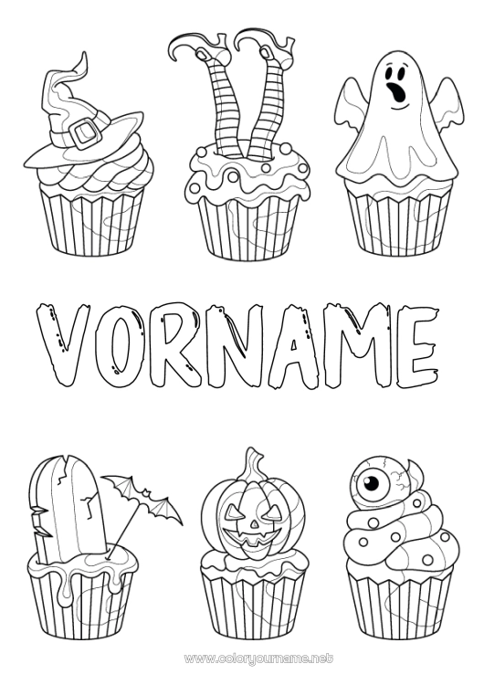Malvorlage zum Ausdrucken Geist Kürbis Hexe Halloween Cupcake Auge Zauberhut