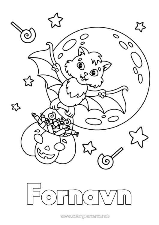 Fargeleggingssiden til utskrift Flaggermus En godteri eller en spøk? Halloween Måne Fugler og flygende pattedyr