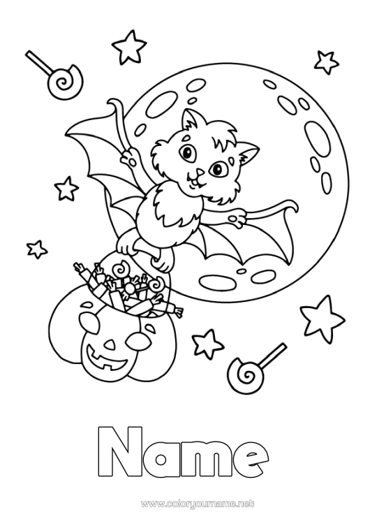 Colouring page to print Bat Trick Or Treat? Halloween Moon Birds And Flying Mammals
