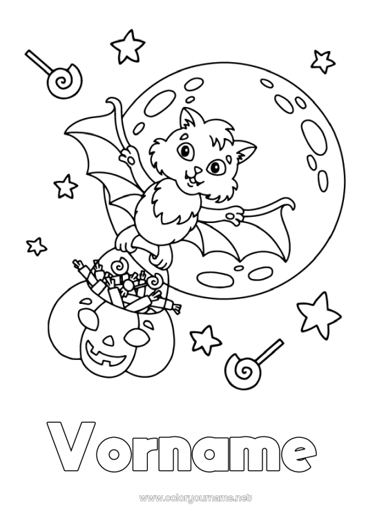 Malvorlage zum Ausdrucken Fledermaus Ein Bonbon oder ein Zauber? Halloween Mond Vögel und fliegende Säugetiere