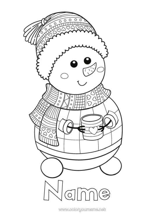 Colouring page to print Winter Snowman Mug Drink