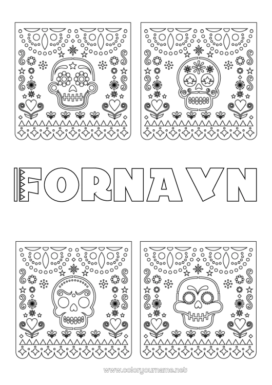 Farvelægningssiden til udskrivning Dødsdagene Mexiko Calaveras, kranier Mexicansk broderi