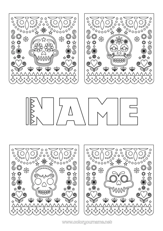 Colouring page to print Day Of The Dead Mexico Calaveras, Skulls Mexican Embroidery