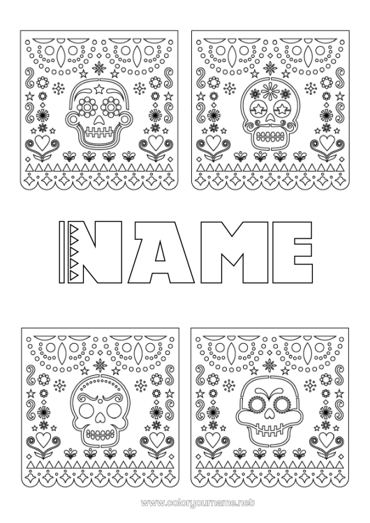 Coloring page to print Día de los Muertos Mexico Calaveras, skulls Mexican embroidery