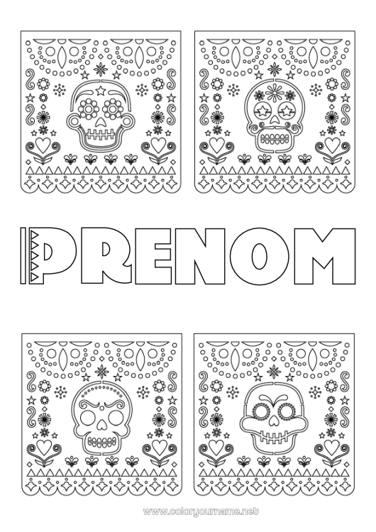 Coloriage à imprimer Día de los Muertos Mexique Calaveras, têtes de mort Broderie mexicaine