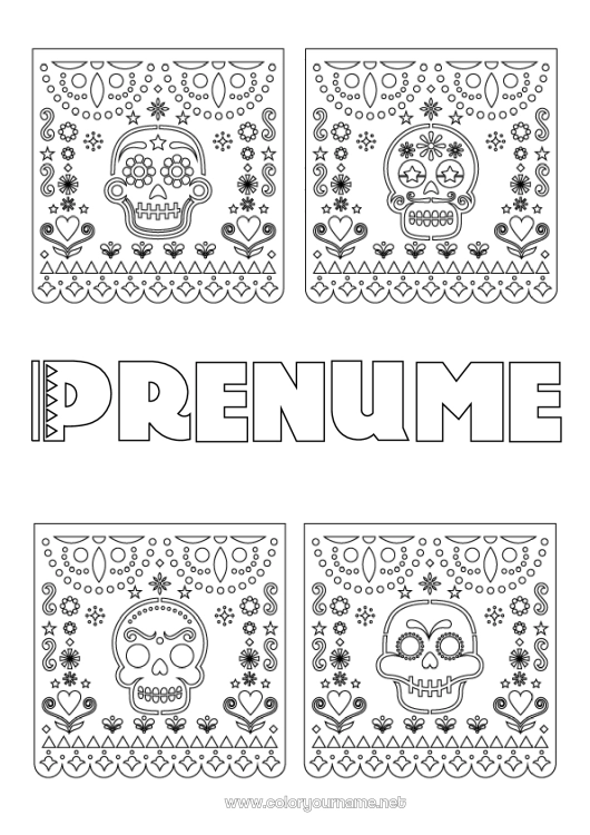 Pagină de colorat de imprimat Ziua Morților Mexic Calaveras, capete de mort Broderie mexicană