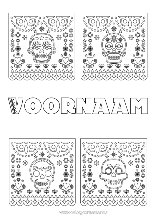 Kleurplaat om af te drukken Dia de los Muertos Mexico Calaveras, schedels Mexicaanse borduurkunst