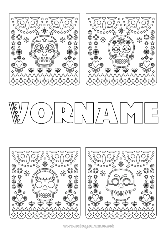Malvorlage zum Ausdrucken Día de los Muertos Mexiko Calaveras, Schädel Mexikanische Stickerei