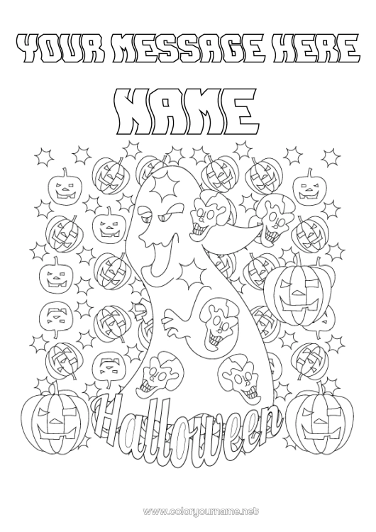 Coloring page to print Ghost Monster Pumpkin Halloween Jack O'Lantern Inscription