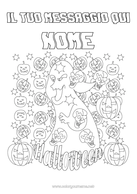 Pagina da colorare da stampare Fantasma Mostro Zucca Halloween Jack O'Lantern Iscrizione