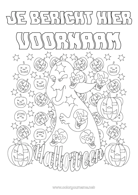 Kleurplaat om af te drukken Spook Monster Pompoen Halloween Jack O'Lantern Inscriptie 'halloween'