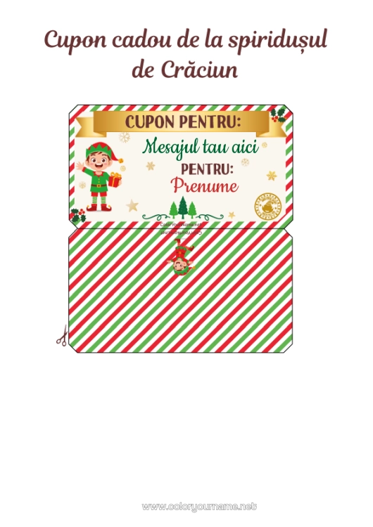 Pagină de colorat de imprimat Moșneguții De Crăciun Misiunea Spiridușului De Crăciun Un Singur Spiriduș Jucăuș Cupon Cadou Personalizabil De Imprimat