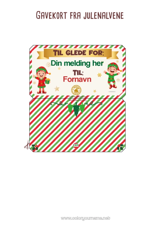 Fargeleggingssiden til utskrift Julealver Julelittens oppdrag Flere rampenisser Personlig gavekort til utskrift