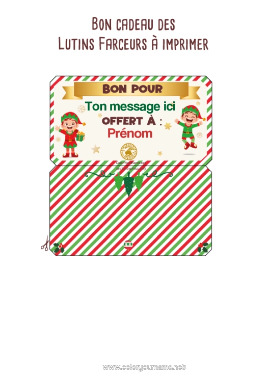 Coloriage à imprimer Lutins de Noël Mission du lutin de Noël Plusieurs lutins farceurs Bon cadeau personnalisable à imprimer