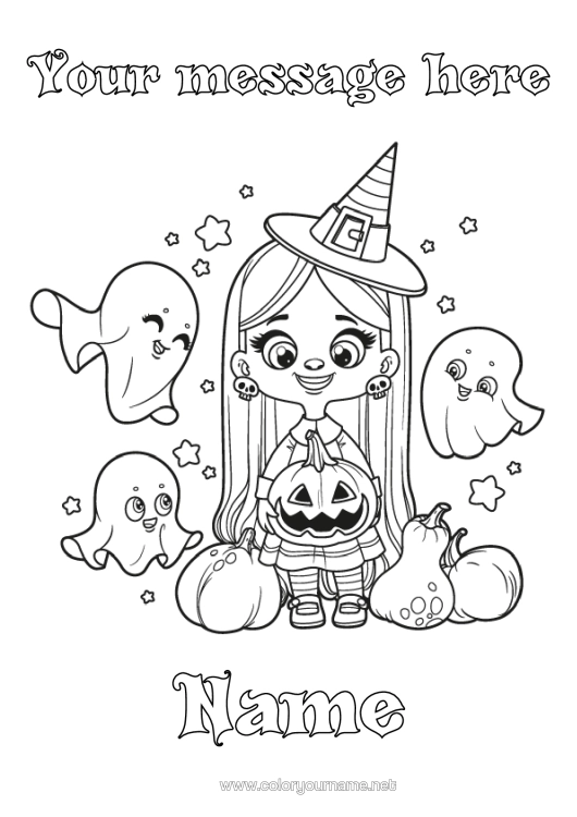 Colouring page to print Ghost Pumpkin Witch Halloween