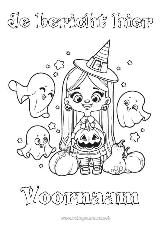 Kleurplaat om af te drukken Spook Pompoen Heks Halloween