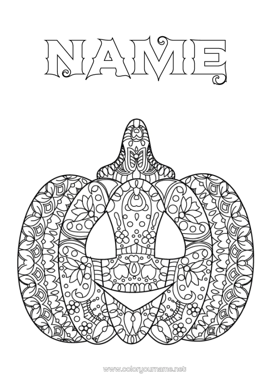 Colouring page to print Pumpkin Autumn Jack O'lantern Zentangle