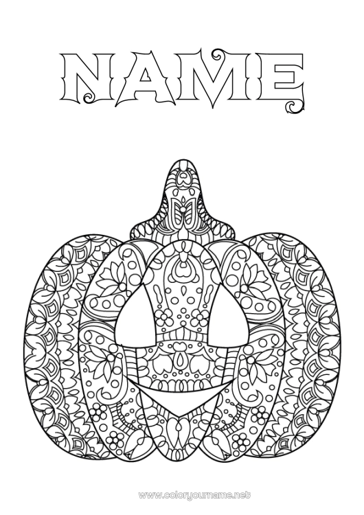 Coloring page to print Pumpkin Autumn Jack O'Lantern Zentangle