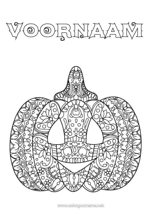 Kleurplaat om af te drukken Pompoen Herfst Jack O'Lantern Zentangle