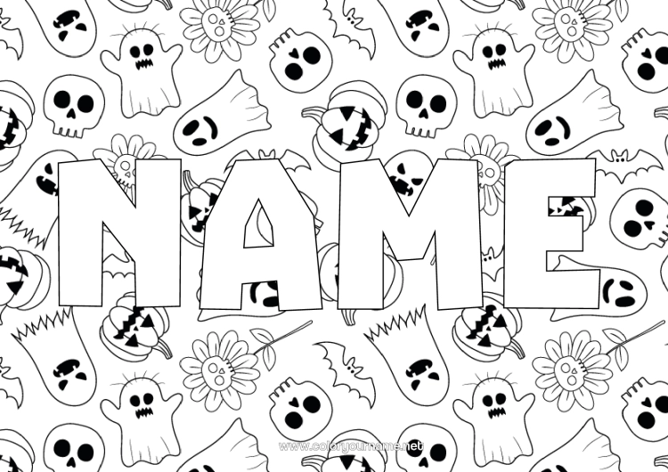 Coloring page to print Bat Ghost Pumpkin Halloween Skull Jack O'Lantern Flying birds and mammals Decorative background