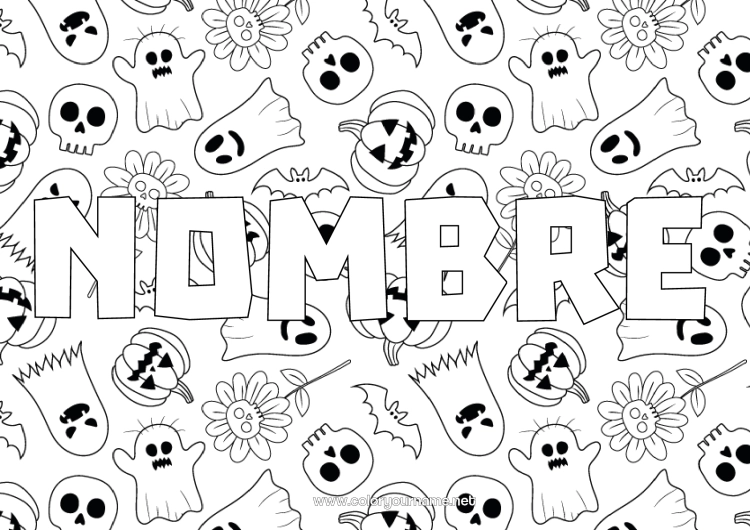 Dibujo para colorear para imprimir Murciélago Fantasma Calabaza Halloween Calavera Jack O'Lantern Aves y mamíferos voladores Fondo decorativo
