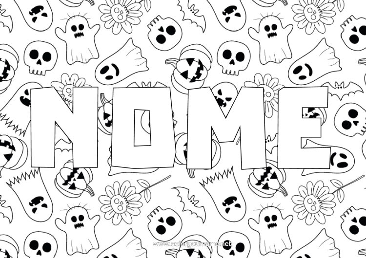 Página de desenho para imprimir Morcego Fantasma Abóbora Halloween Crânio Jack O'Lantern Pássaros e mamíferos voadores Fundo decorativo