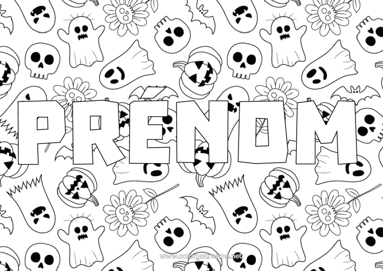 Coloriage à imprimer Chauve-souris Fantôme Citrouille Halloween Crâne Jack O'Lantern Oiseaux et mammifères volants Fond décoratif