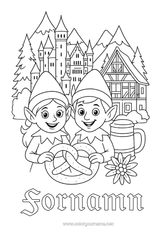 Färgläggningssida att skriva ut Julnissar Tomtefärgläggningar Monument Julälvens resa Tyskland Pretzel Neuschwanstein slott Flera busiga tomtenissar Färgläggning av busiga resande tomtar