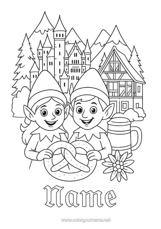 Colouring page to print Christmas Elves Elf Colouring Pages Monument Mischievous Elf's Journey Germany Pretzel Neuschwanstein Castle Several Mischievous Elves. Colouring Mischievous Travelling Goblins