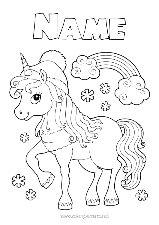 Colouring page to print Winter Unicorn Animal Rainbow Dragons, Unicorns, And Fantastical Creatures