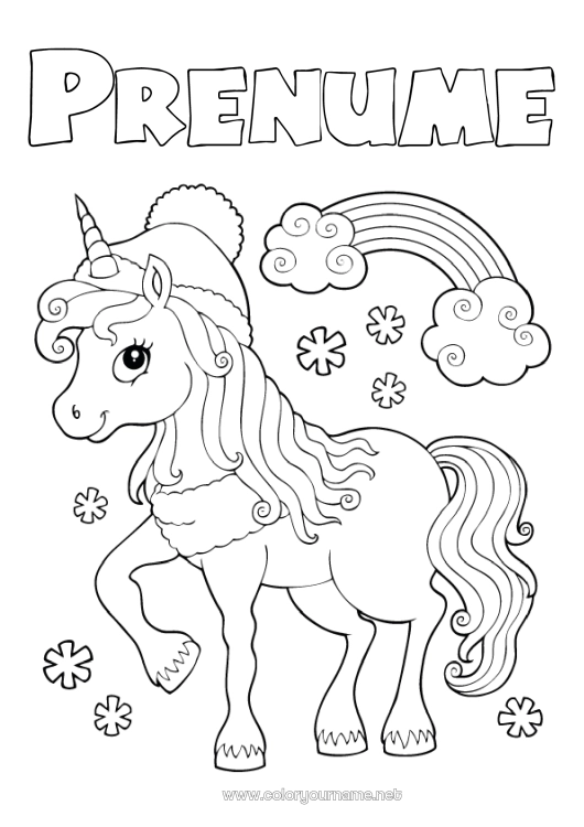 Pagină de colorat de imprimat Iarna Unicornă Animal Curcubeu Dragoni, unicorni și animale fantastice