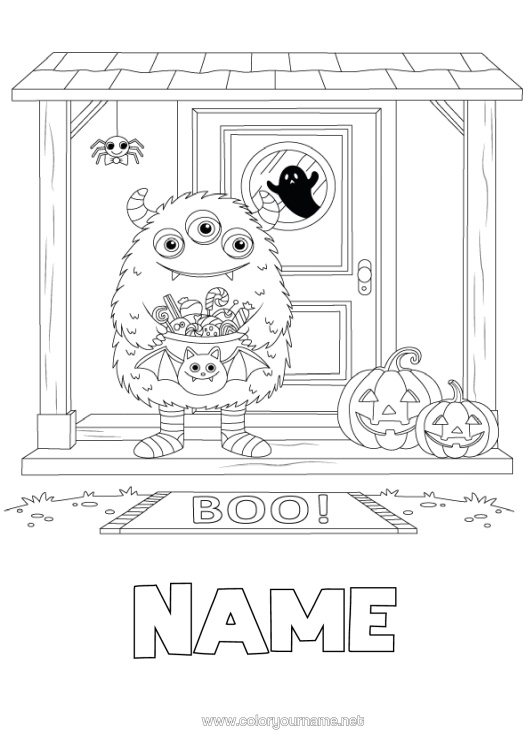 Colouring page to print Monster Pumpkin Trick Or Treat? Halloween Jack O'lantern Door