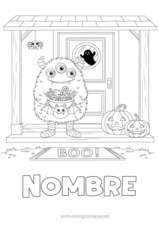 Dibujo para colorear para imprimir Monstruo Calabaza Truco o trato Halloween Jack O'Lantern Puerta