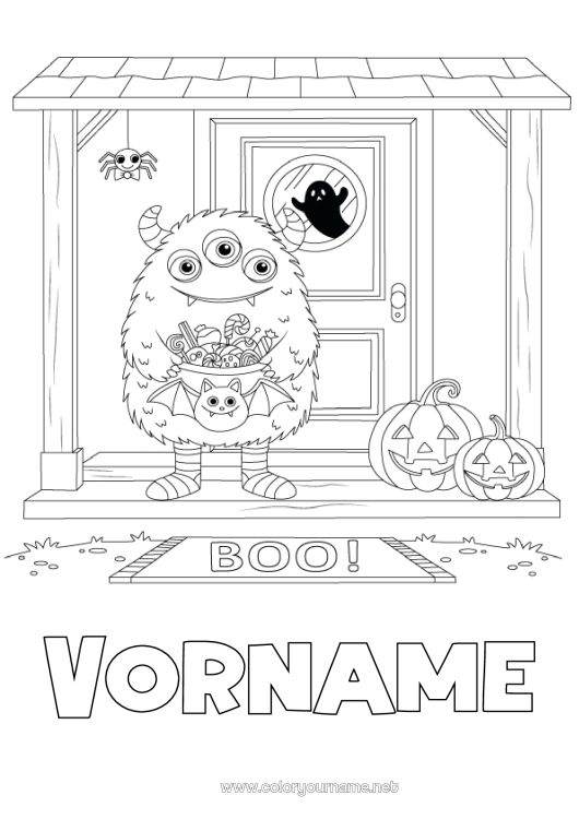 Malvorlage zum Ausdrucken Monster Kürbis Ein Bonbon oder ein Zauber? Halloween Kürbis Tür