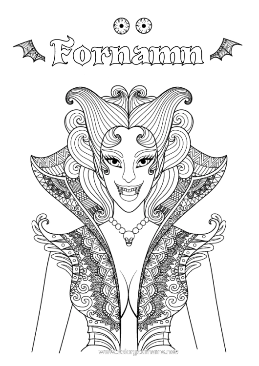 Färgläggningssida att skriva ut Vampyr Halloween Flicka Zentangle Kvinna