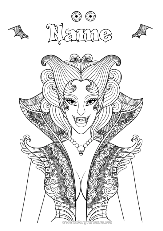 Colouring page to print Vampire Halloween Girl Zentangle Woman