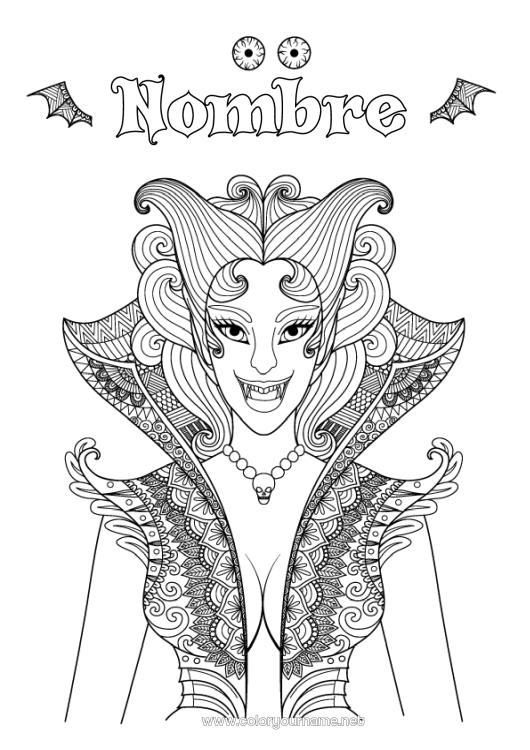 Dibujo para colorear para imprimir Vampiro Halloween Chica Zentangle Mujer