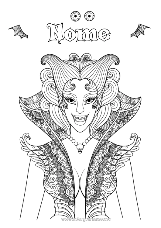 Pagina da colorare da stampare Vampiro Halloween Ragazza Zentangle Donna