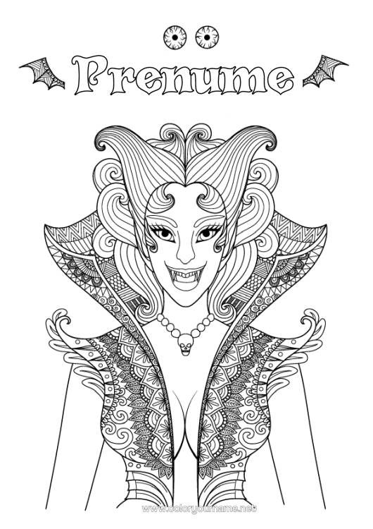 Pagină de colorat de imprimat Vampir Halloween Fată Zentangle Femeie
