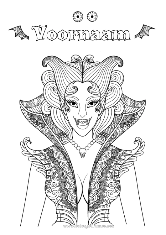 Kleurplaat om af te drukken Vampier Halloween Meisje Zentangle Vrouw